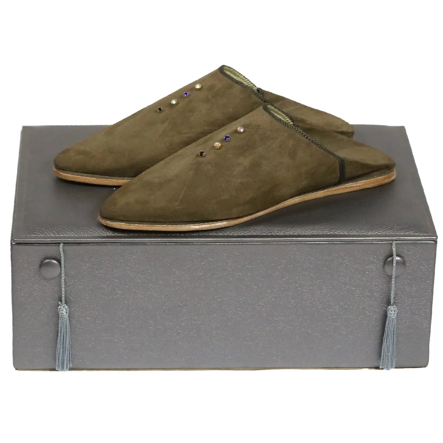 Biyadina Women's Suede Pearls Beige Moroccan Babouches Leather Slippers Biyadina Store