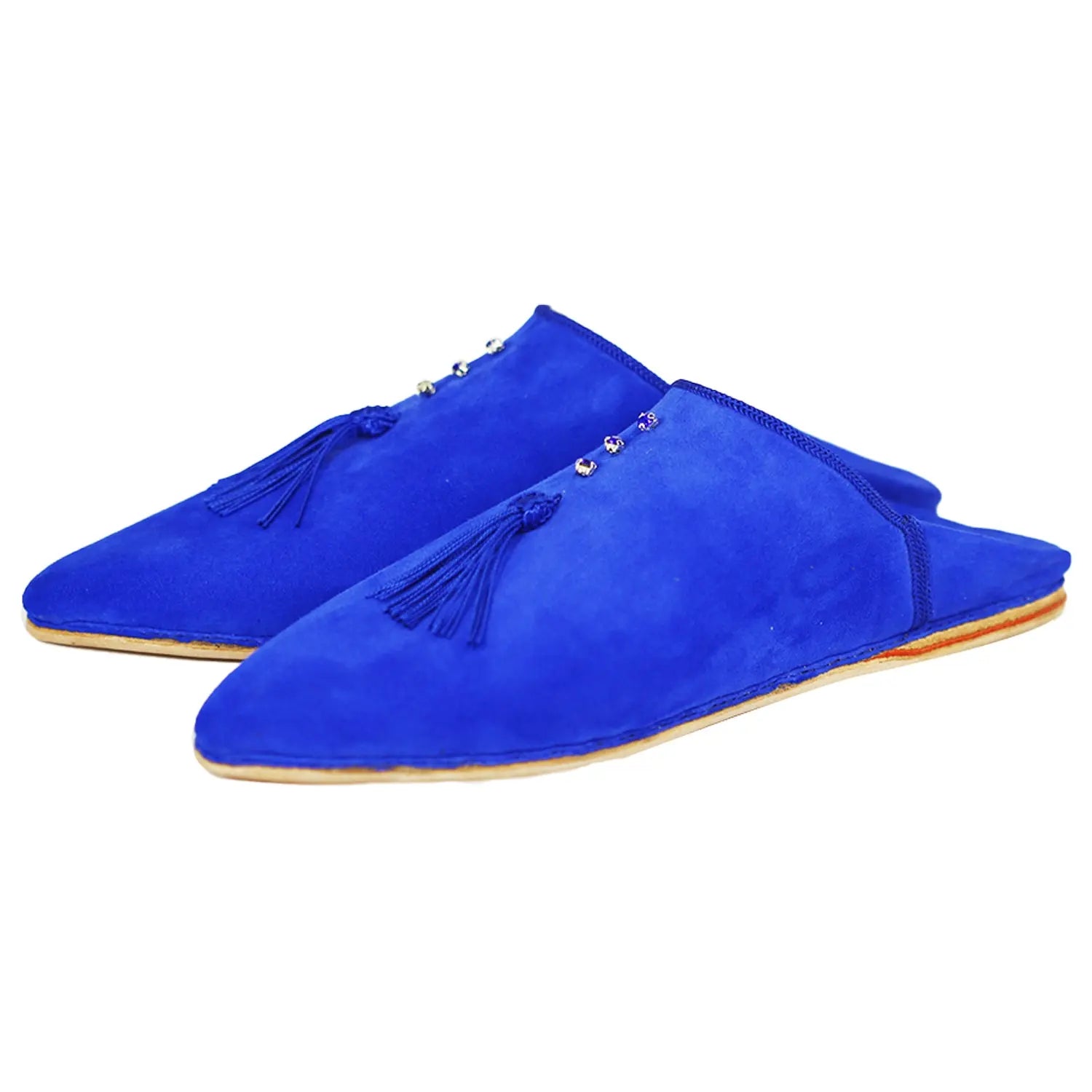 Biyadina Women's Suede Pearls Blue Moroccan Babouches Leather Slippers Biyadina Store