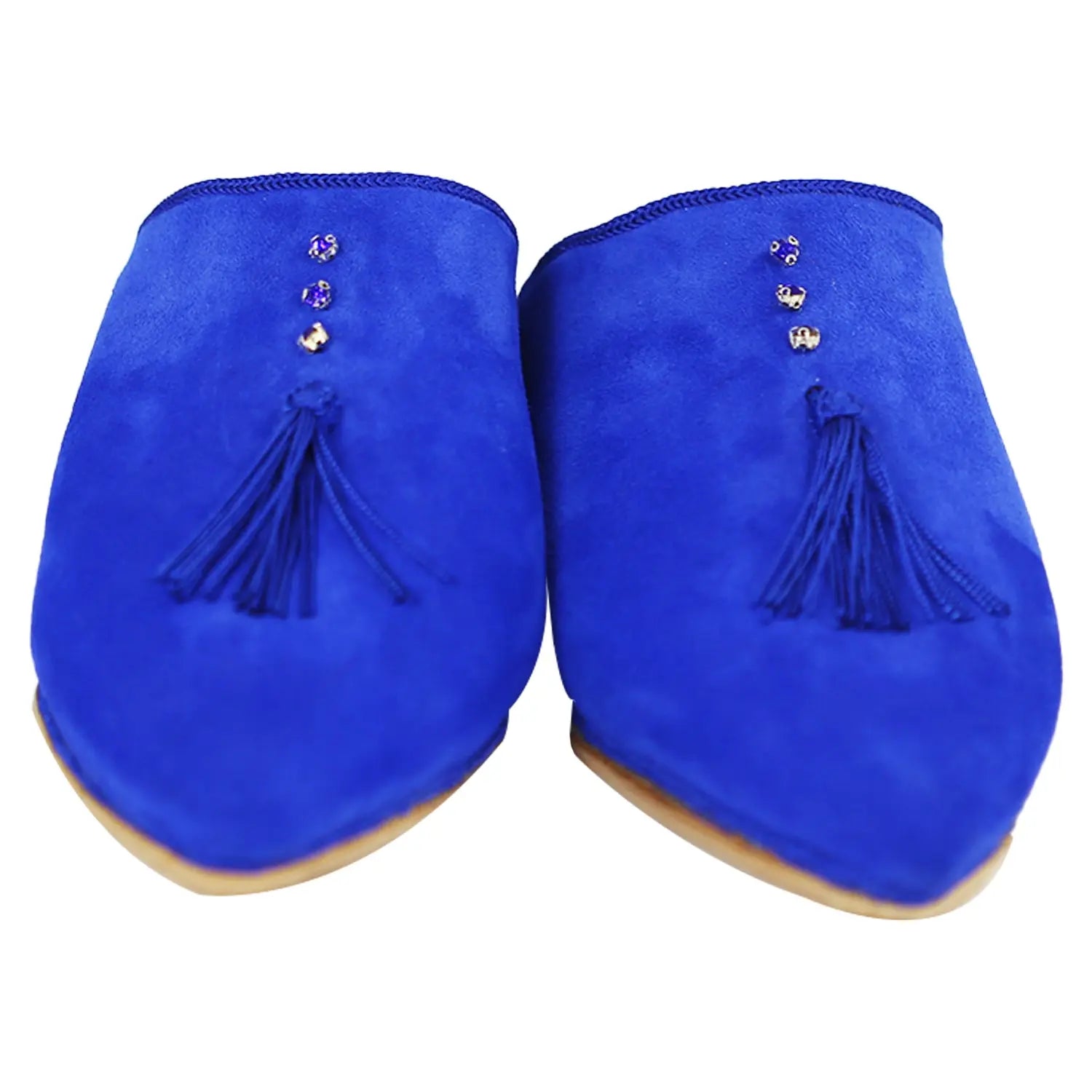 Biyadina Women's Suede Pearls Blue Moroccan Babouches Leather Slippers Biyadina Store