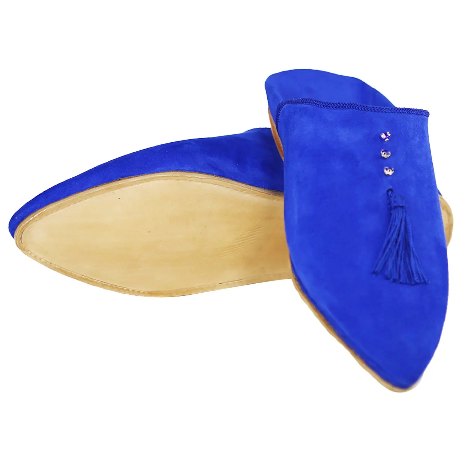 Biyadina Women's Suede Pearls Blue Moroccan Babouches Leather Slippers Biyadina Store
