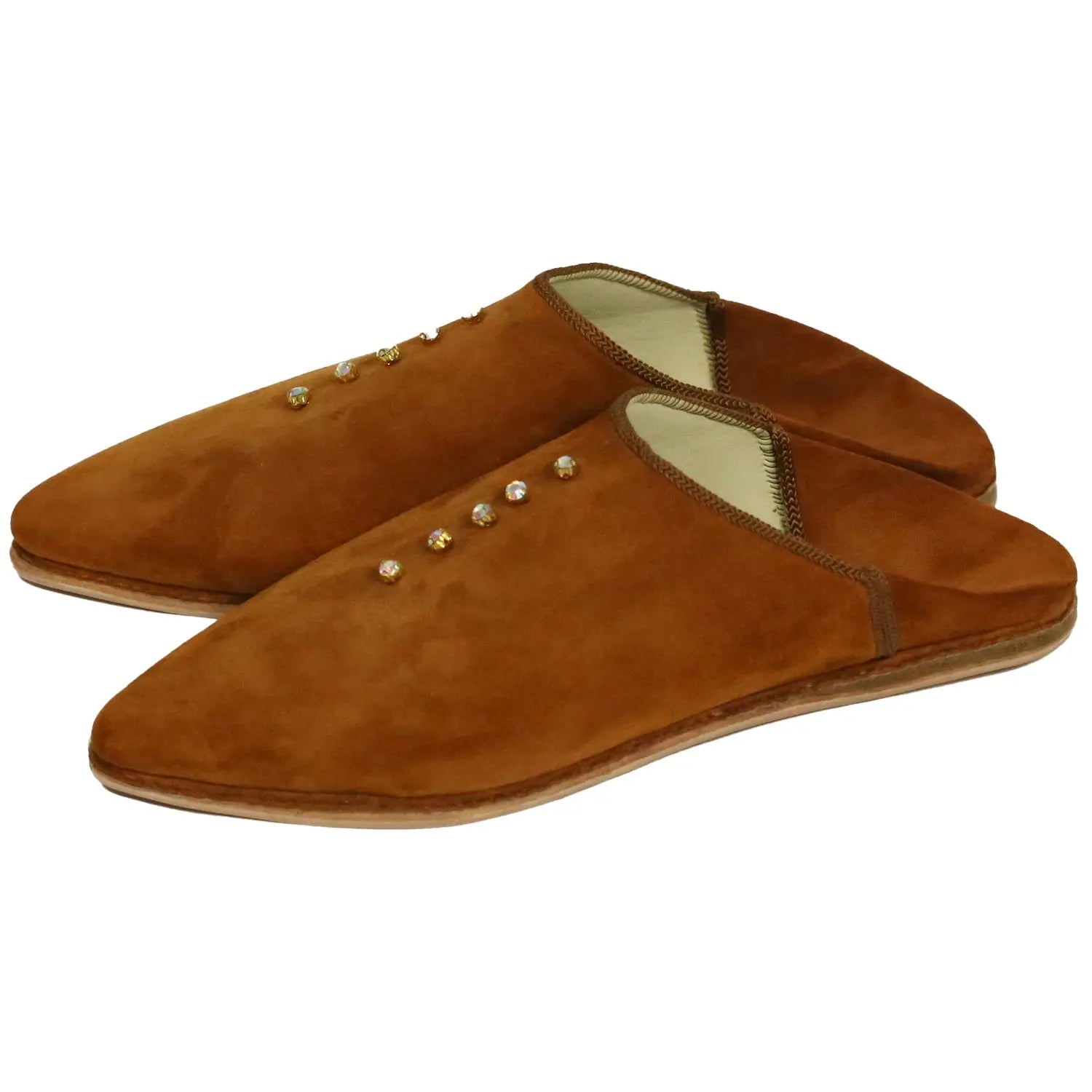 Biyadina Women's Suede Pearls Brown Moroccan Babouches Leather Slippers Biyadina Store