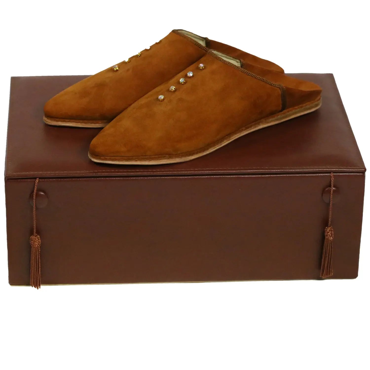 Biyadina Women's Suede Pearls Brown Moroccan Babouches Leather Slippers Biyadina Store