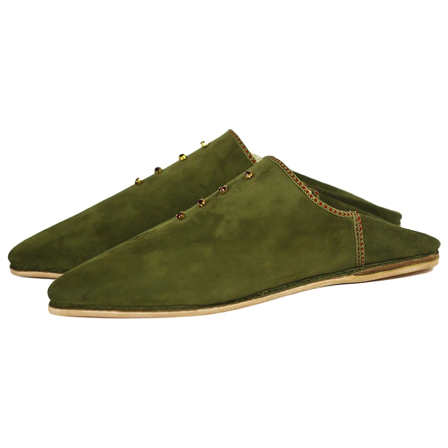 Biyadina Women's Suede Pearls Green Moroccan Babouches Leather Slippers Biyadina Store