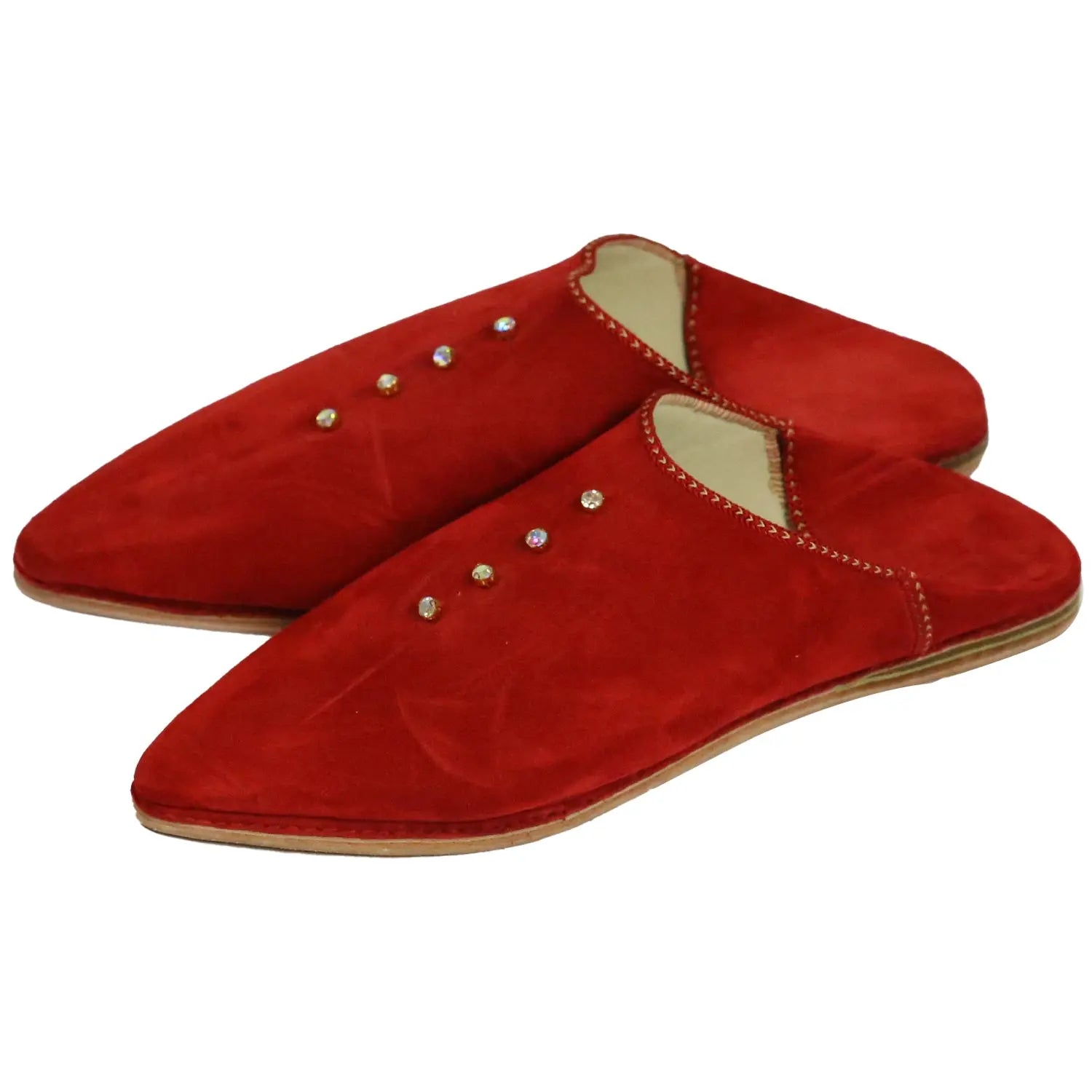 Biyadina Women's Suede Pearls Red Moroccan Babouches Leather Slippers Biyadina Store