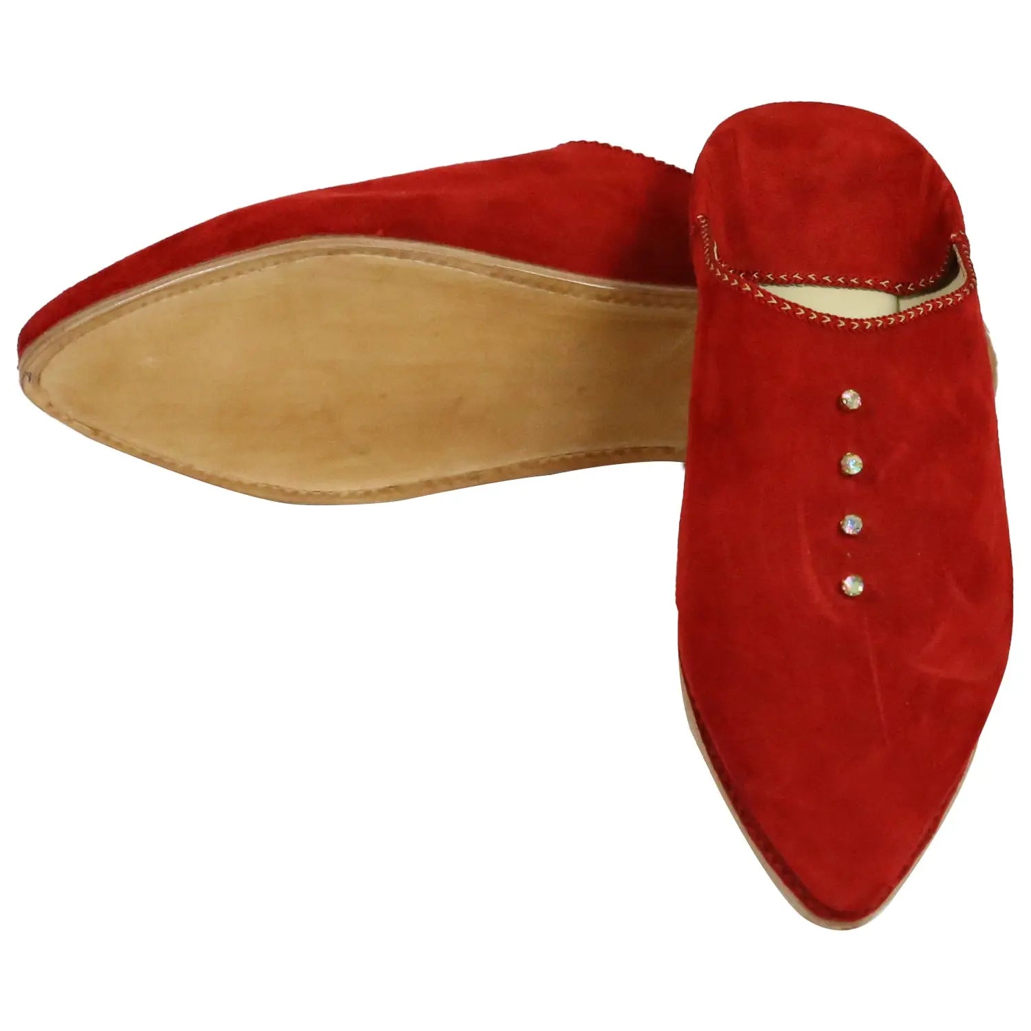 Biyadina Women's Suede Pearls Red Moroccan Babouches Leather Slippers Biyadina Store