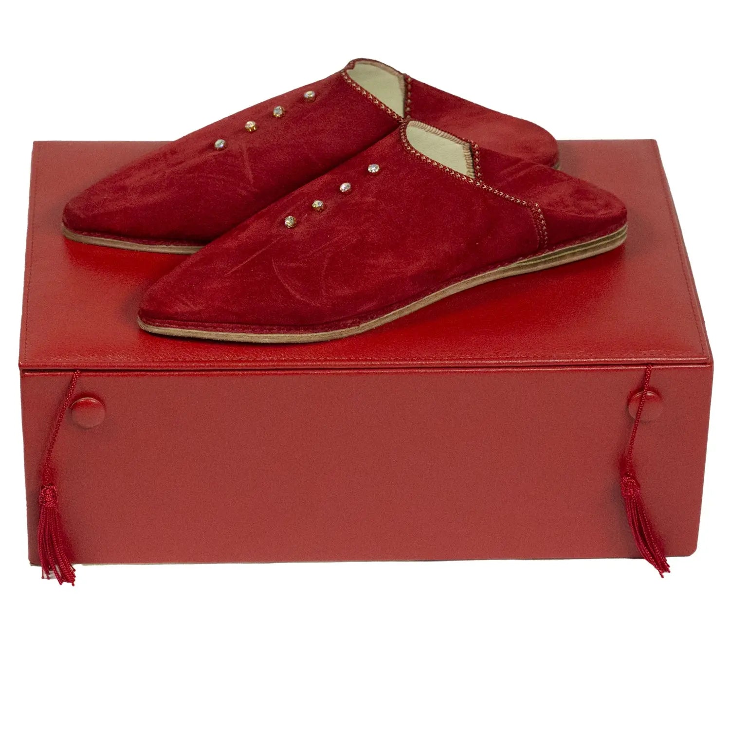 Biyadina Women's Suede Pearls Red Moroccan Babouches Leather Slippers Biyadina Store