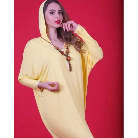 Biyadina Yellow Djellaba with brown beaded necklace Biyadina Store
