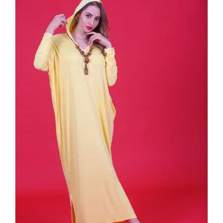Biyadina Yellow Djellaba with brown beaded necklace Biyadina Store