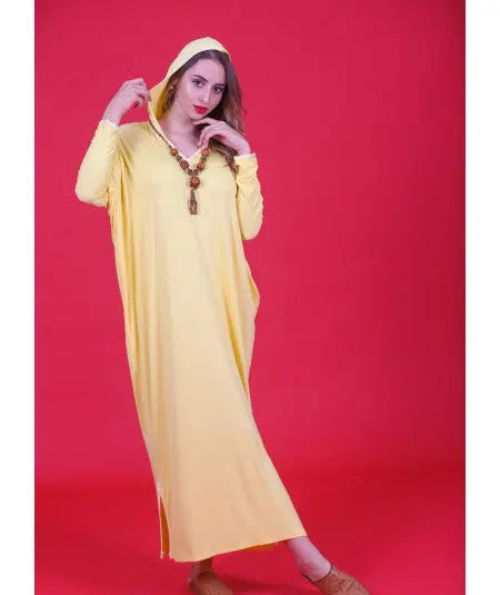 Biyadina Yellow Djellaba with brown beaded necklace Biyadina Store