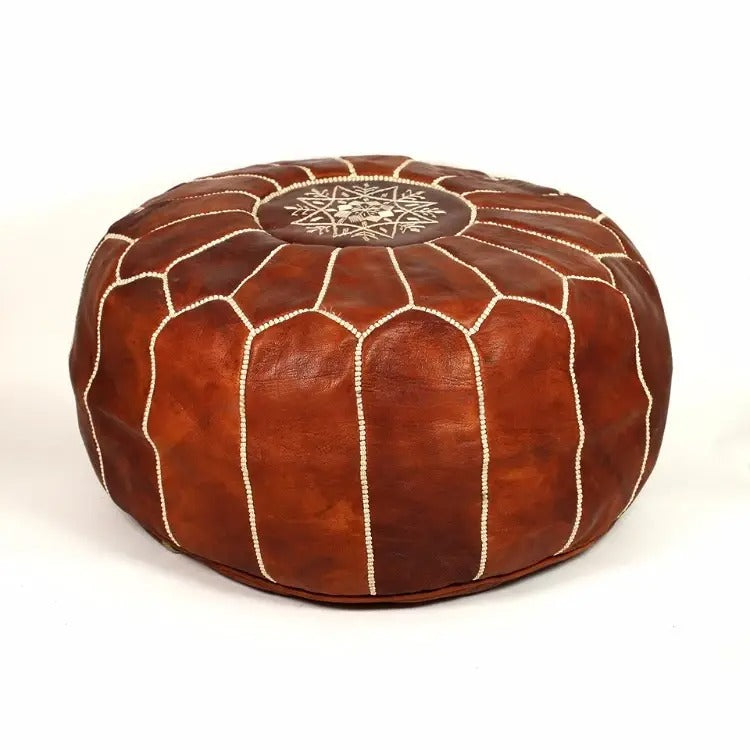 Brown Moroccan Leather Pouf Ottoman - Biyadina Store