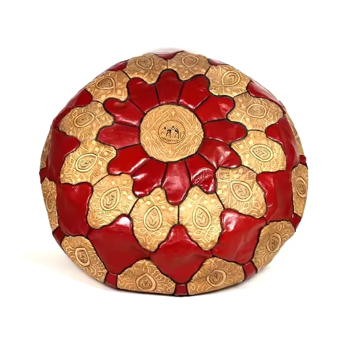 Multicolor Moroccan Genuine Leather Round Pouf Ottoman - Biyadina Store