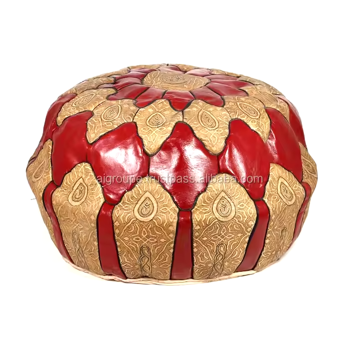 Multicolor Moroccan Genuine Leather Round Pouf Ottoman - Biyadina Store