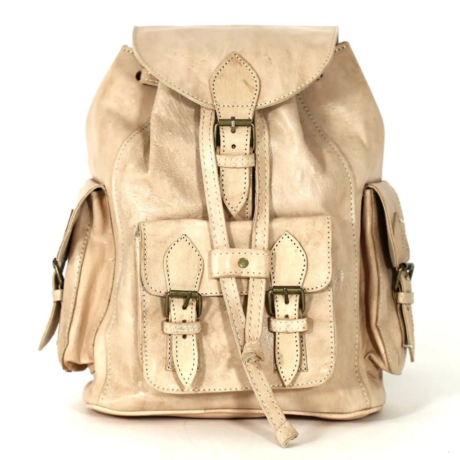 Biyadina Premium Beige Handmade Leather Backpack - Vintage Style with Timeless Elegance BiyadinaStore