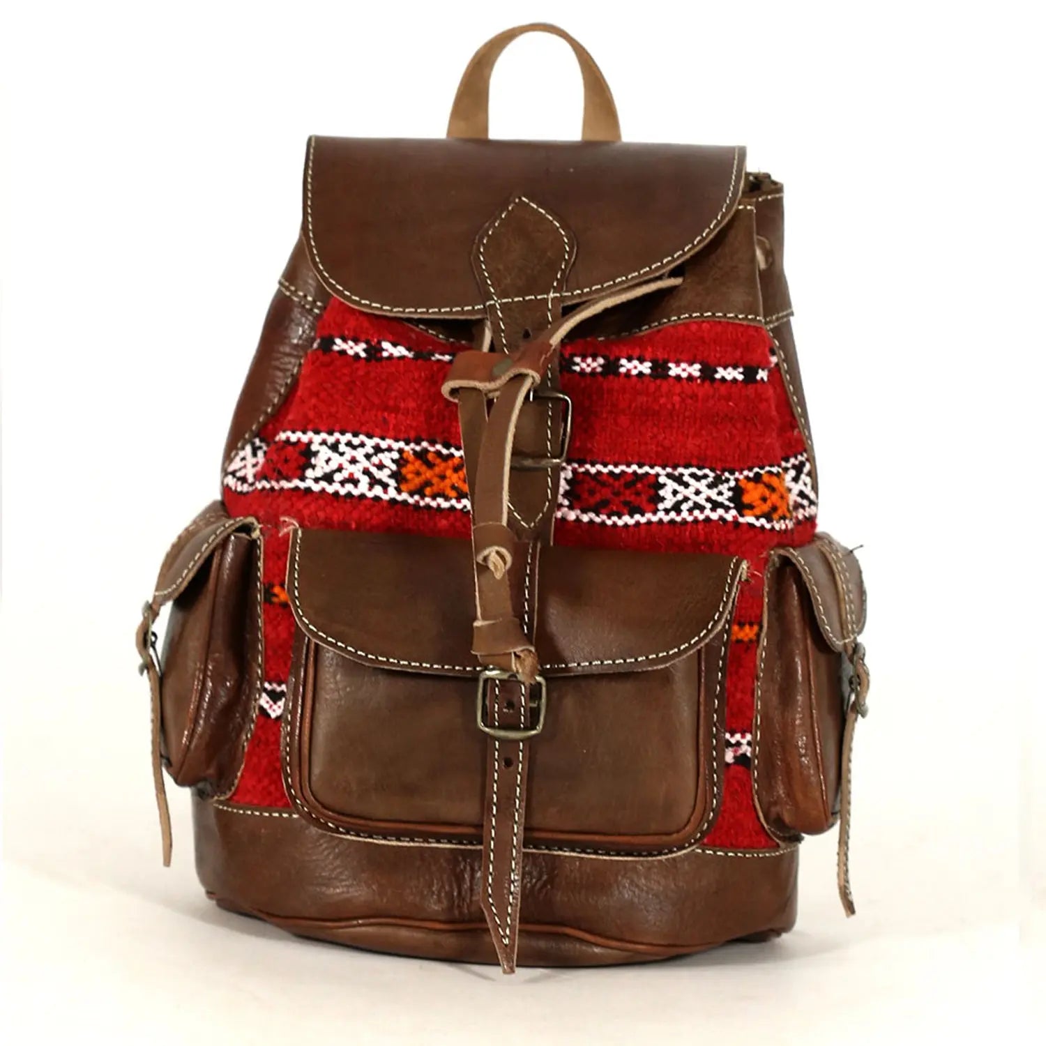 Biyadina Premium Brown/Red Handmade Leather Backpack - Vintage Style with Timeless Elegance BiyadinaStore