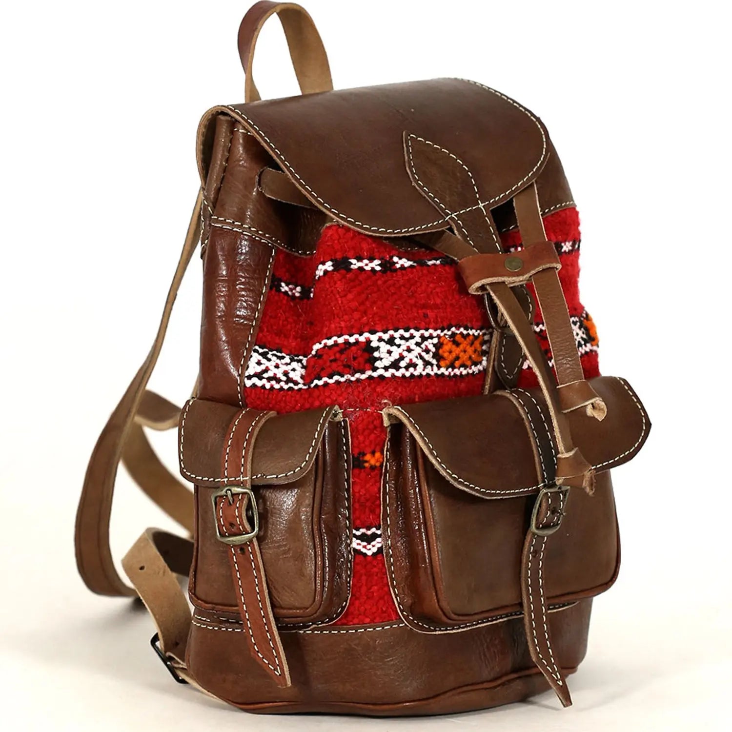Biyadina Premium Brown/Red Handmade Leather Backpack - Vintage Style with Timeless Elegance BiyadinaStore
