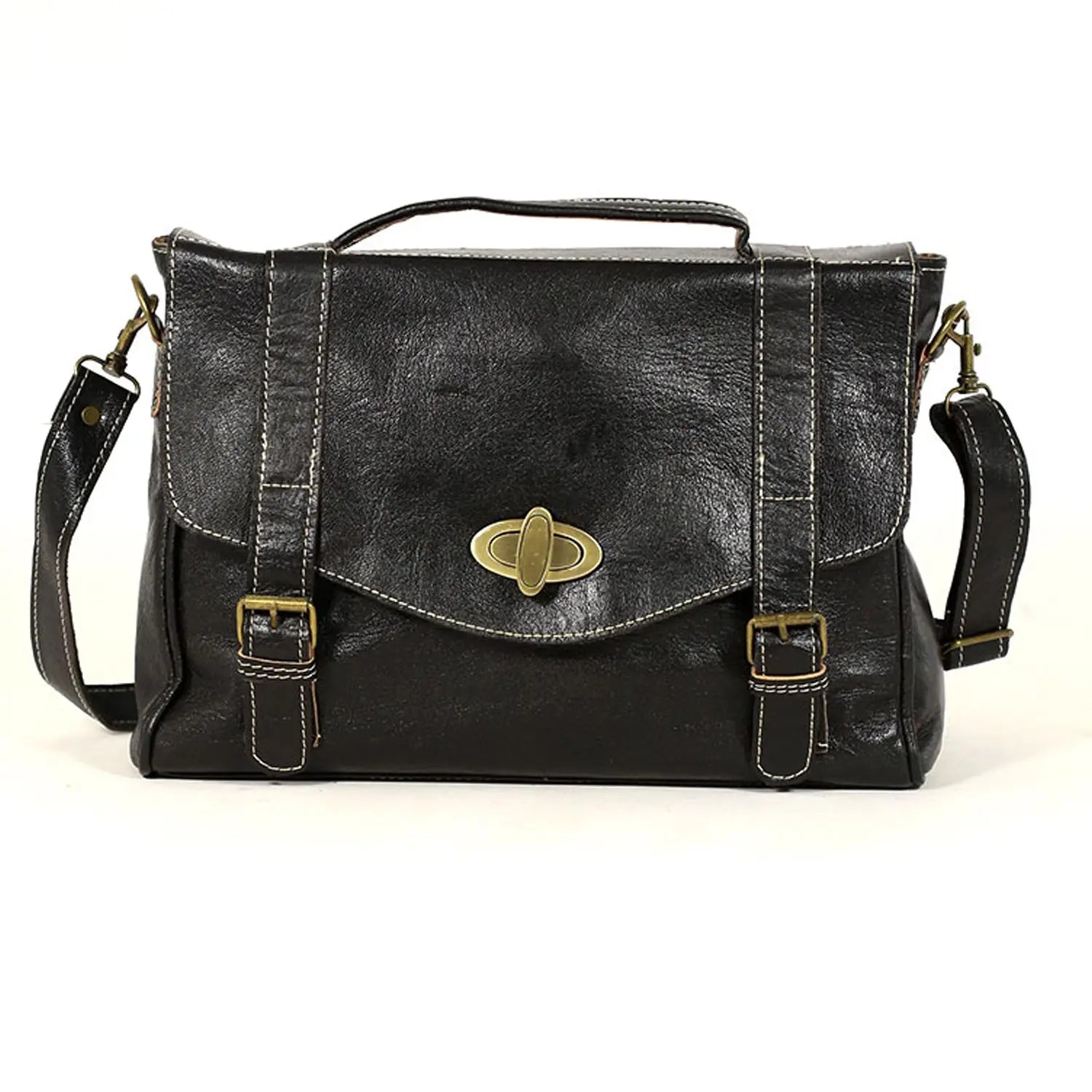 Biyadina Premium Vintage Messenger Leather Bag Handmade Satchel Black Antique Cowhide Leather BiyadinaStore