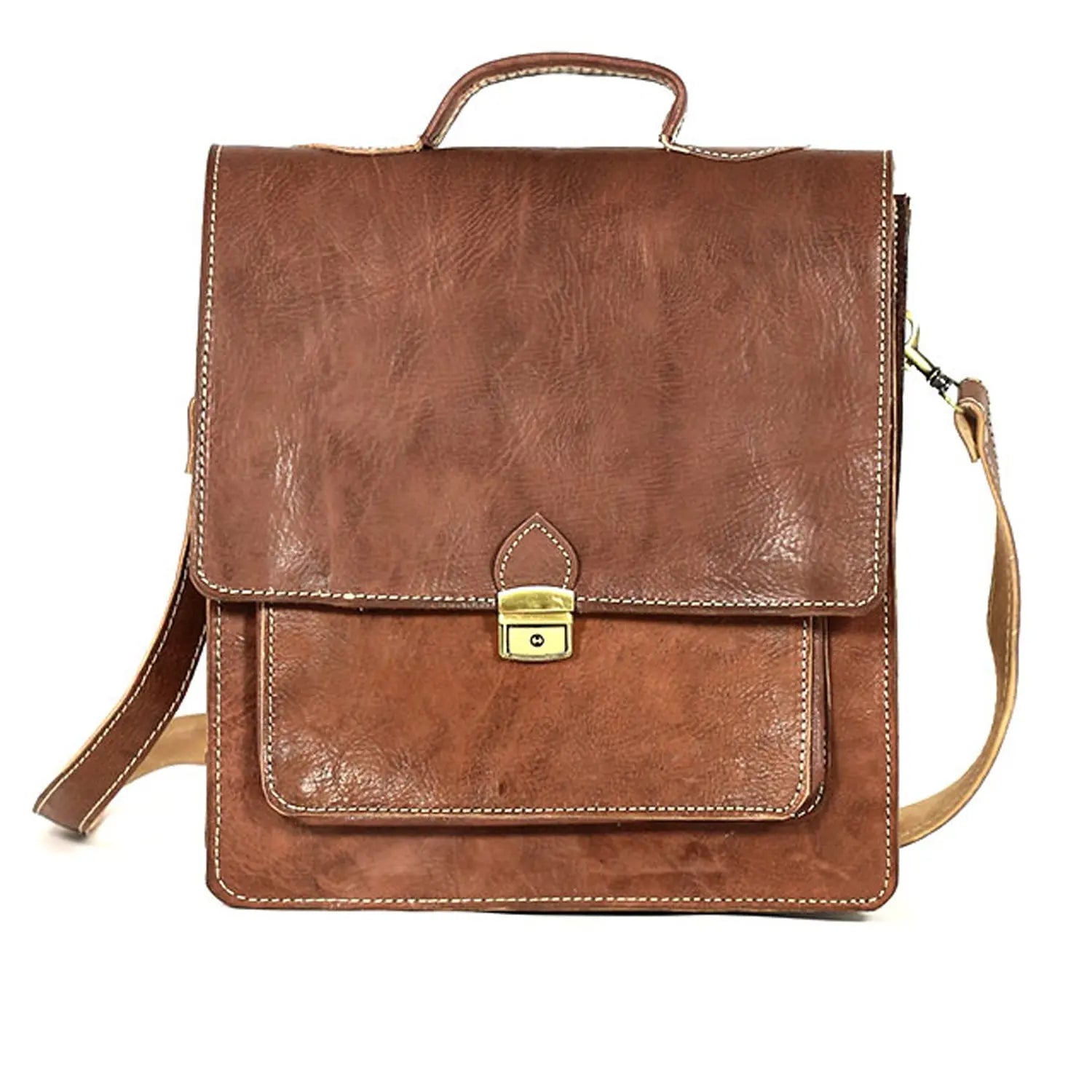 Biyadina Premium Vintage Messenger Leather Bag Handmade Satchel Brown Antique Cowhide Leather BiyadinaStore