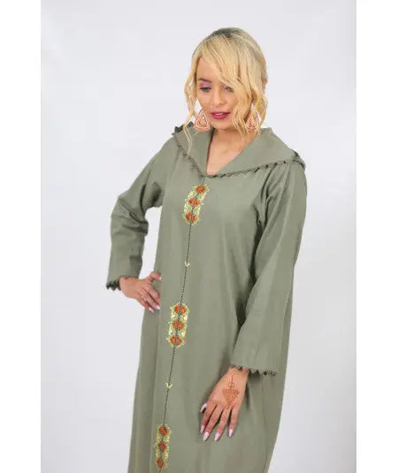 Djellaba in green linen with randa Biyadina Store