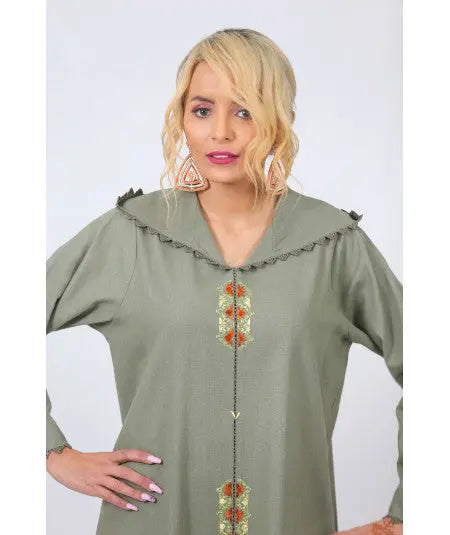 Djellaba in green linen with randa Biyadina Store