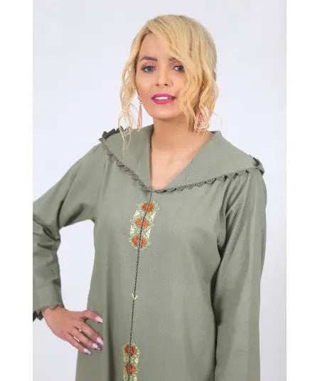 Djellaba in green linen with randa Biyadina Store