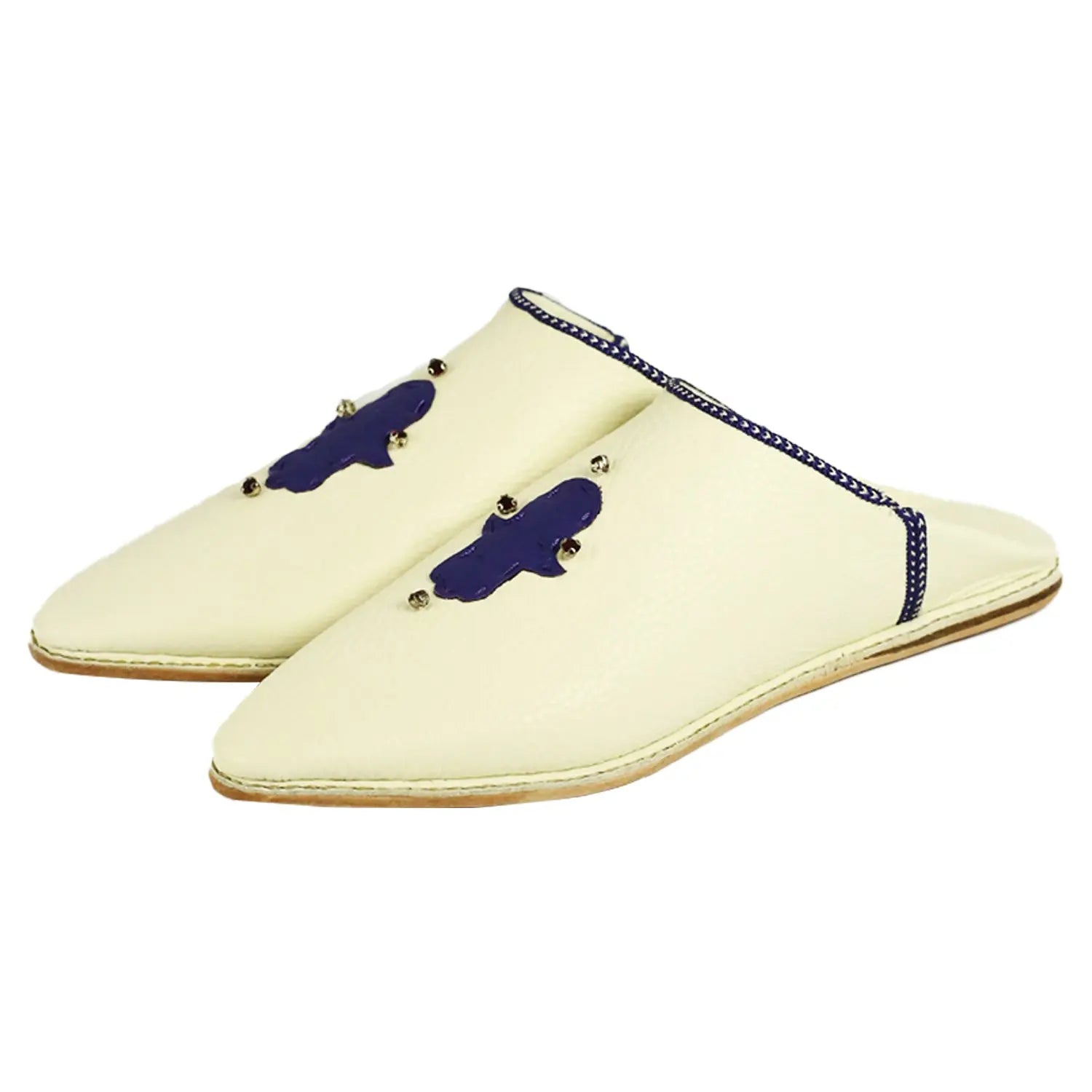 Men's White Morocco Slippers with Navy Moroccan Babouches Leather Slippers Biyadina Store