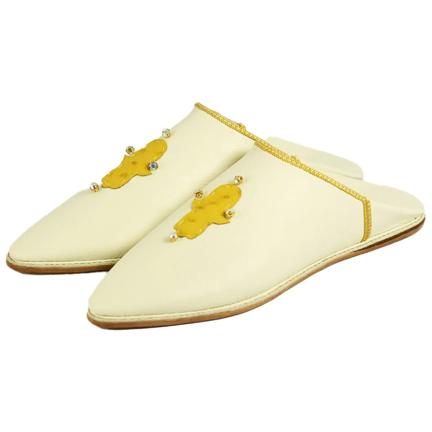 Men's White Morocco Slippers with Yellow Moroccan Babouches Leather Slippers Biyadina Store