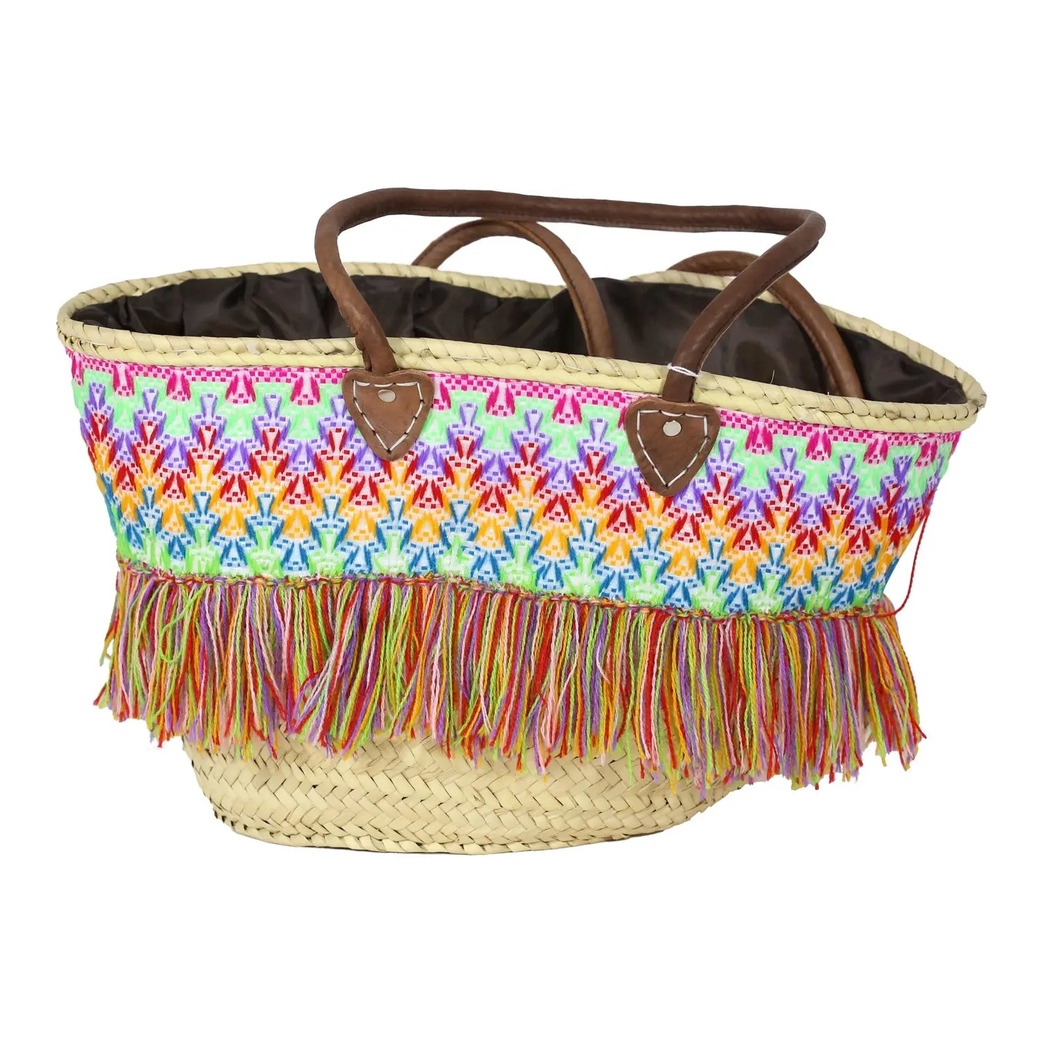 Moroccan Basket Bag Embroidered with Colorful Fringes BiyadinaStore