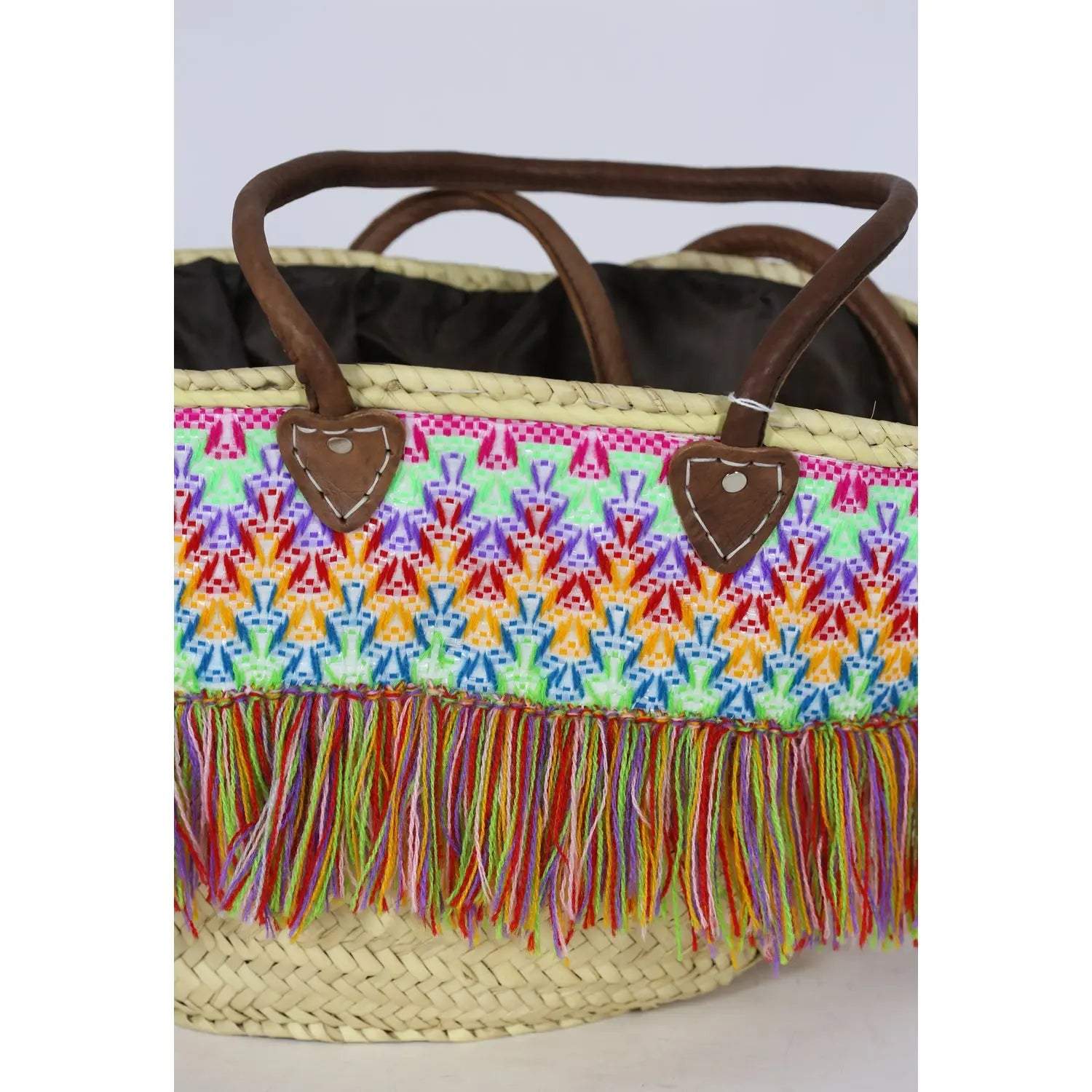 Moroccan Basket Bag Embroidered with Colorful Fringes BiyadinaStore