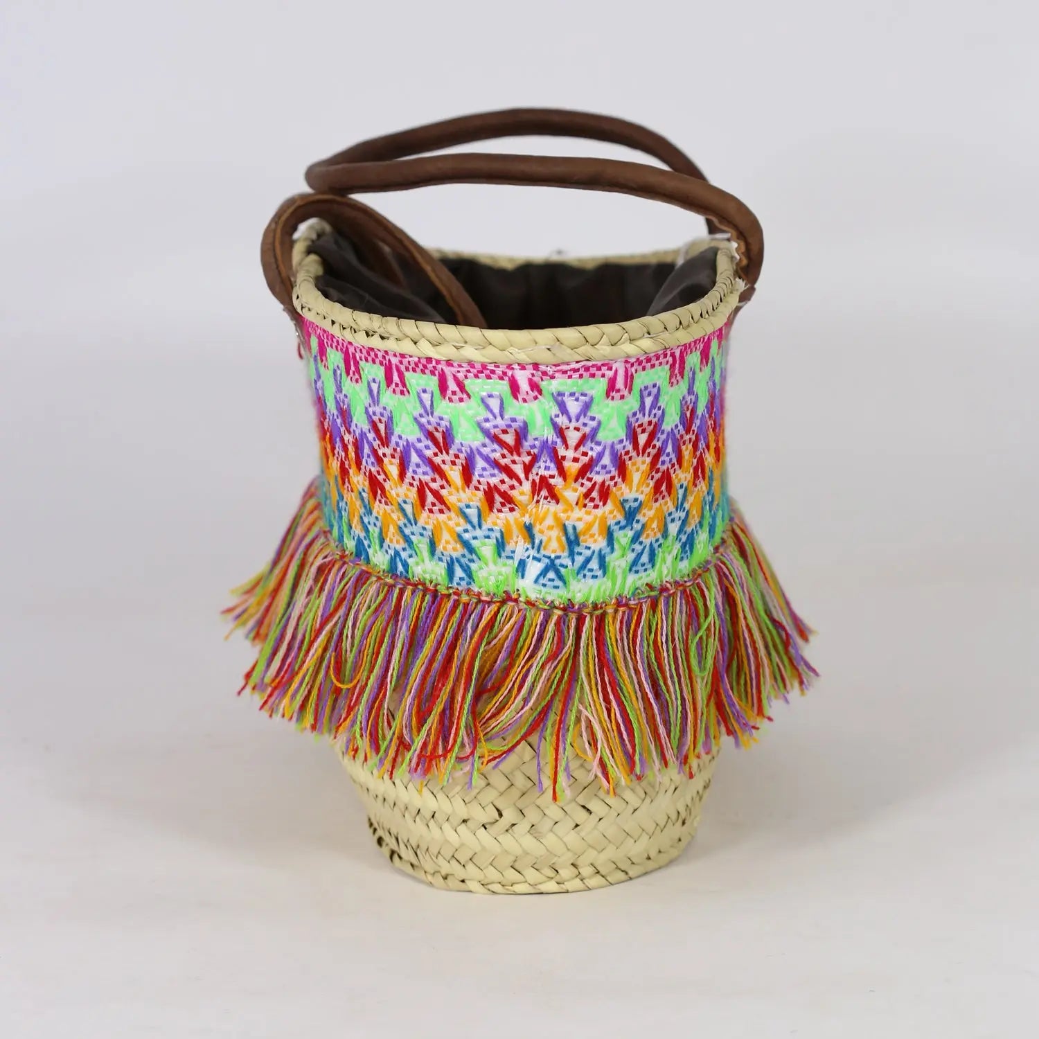 Moroccan Basket Bag Embroidered with Colorful Fringes BiyadinaStore