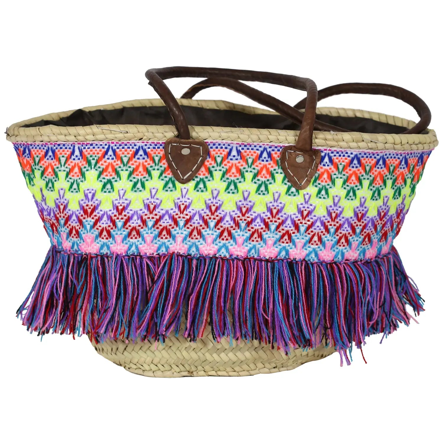 Moroccan Mountain Basket Bag Embroidered with Colorful Fringes BiyadinaStore