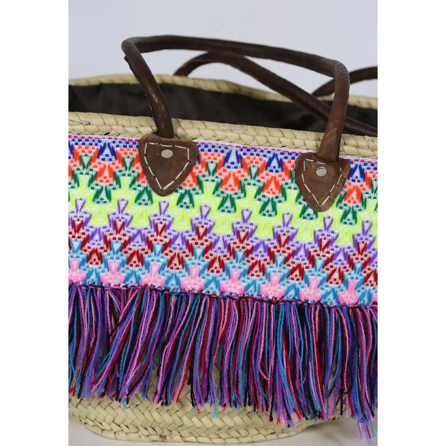 Moroccan Mountain Basket Bag Embroidered with Colorful Fringes BiyadinaStore