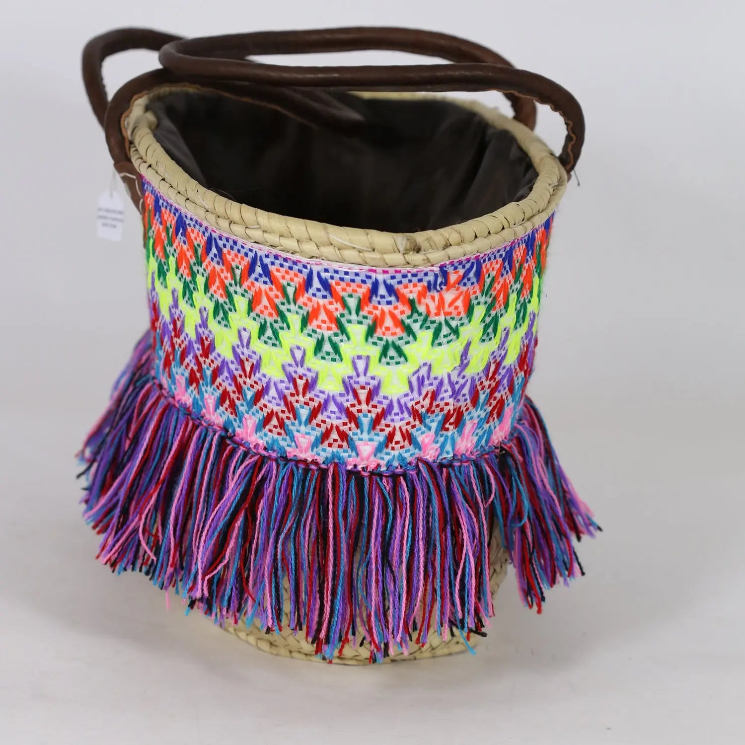 Moroccan Mountain Basket Bag Embroidered with Colorful Fringes BiyadinaStore