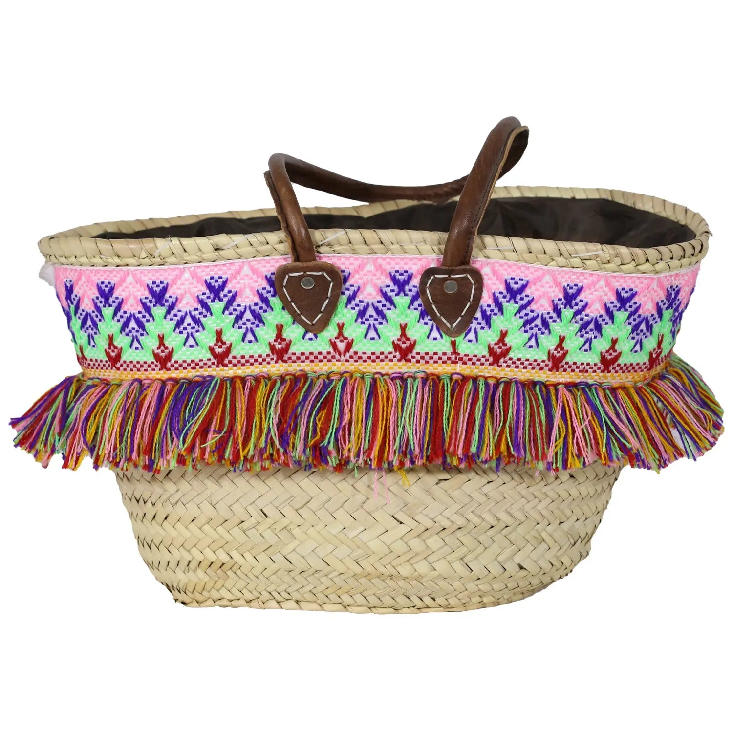 Moroccan Mountain Basket Bag Embroidered with Colorful Fringes Purple BiyadinaStore