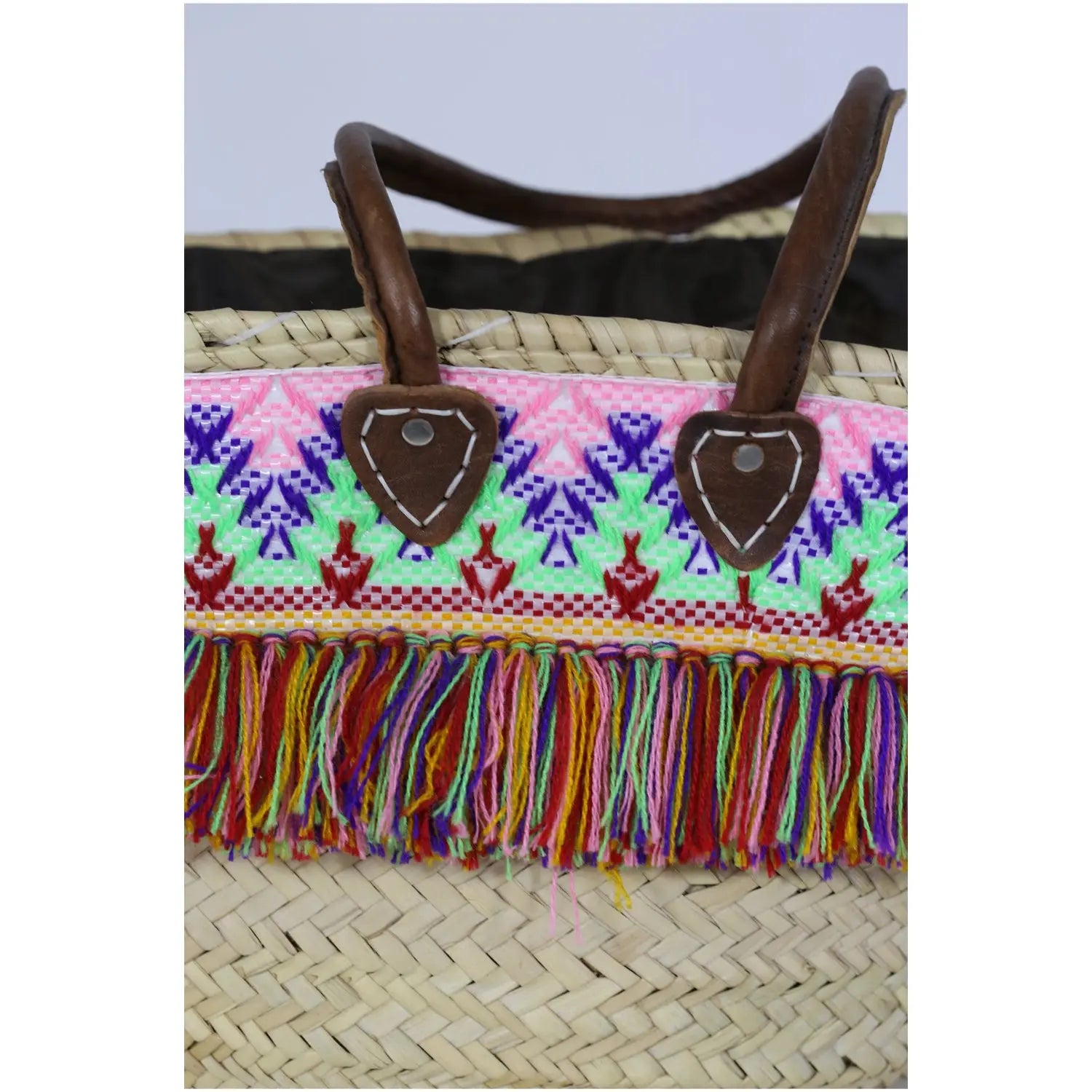 Moroccan Mountain Basket Bag Embroidered with Colorful Fringes Purple BiyadinaStore
