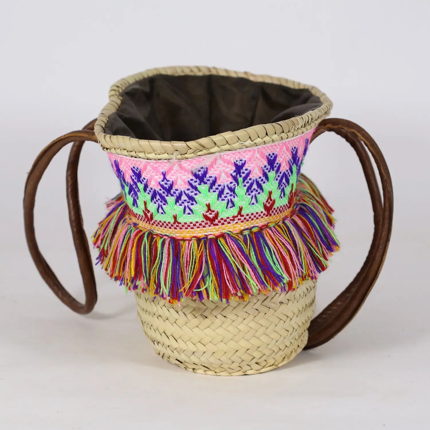 Moroccan Mountain Basket Bag Embroidered with Colorful Fringes Purple BiyadinaStore