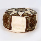 Multicolor Moroccan Genuine Leather Round Pouf Ottoman White/Brown Moroccan pouf ottoman Biyadina Store