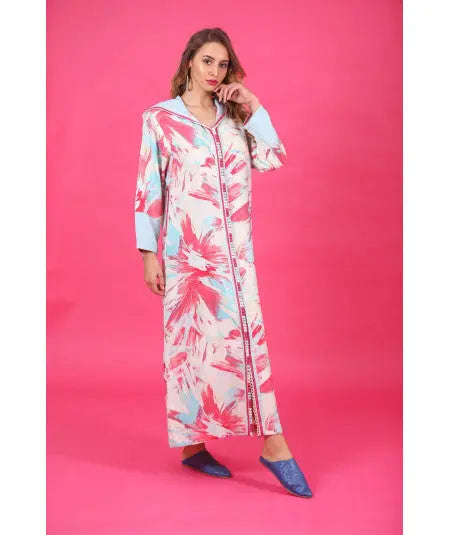 Multicolored djellaba with pink, sky blue and white sfifa Biyadina Store