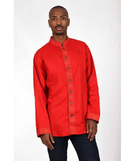 Red shirt embroidered in gold thread and metal buttons Biyadina Store