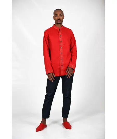 Red shirt embroidered in gold thread and metal buttons Biyadina Store