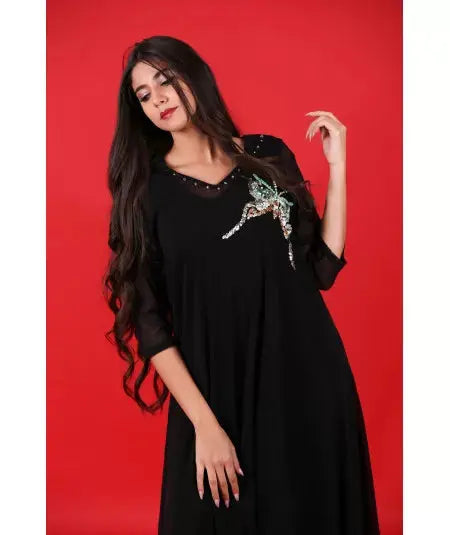 Two-piece black djellaba with pearls Biyadina Store