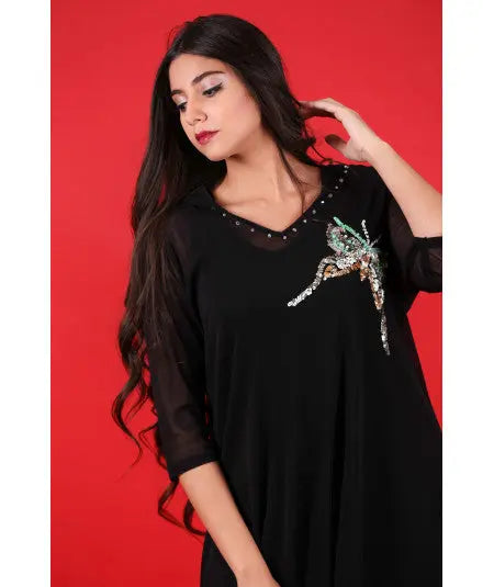 Two-piece black djellaba with pearls Biyadina Store