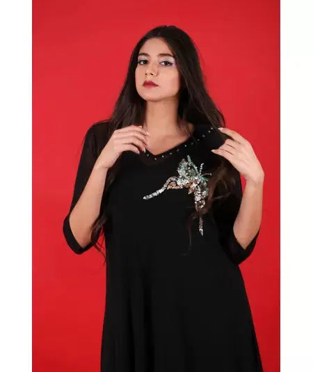 Two-piece black djellaba with pearls Biyadina Store