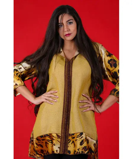 Yellow shirt with printed sleeves with brown and yellow sfifa Biyadina Store