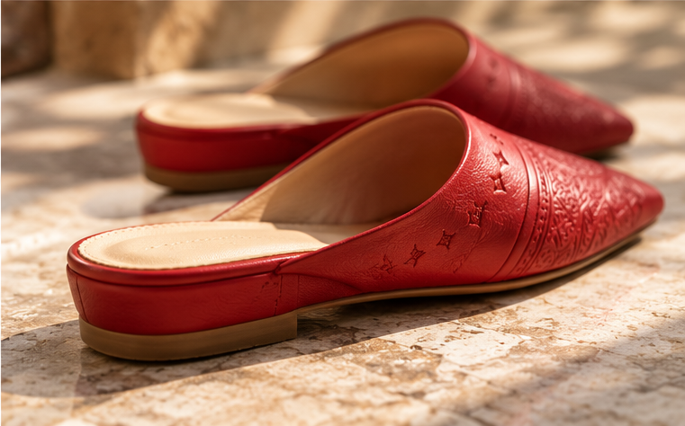 Moroccan heeled leather slippers detail