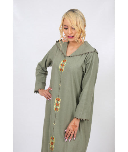 Djellaba in green linen with randa - Biyadina Store