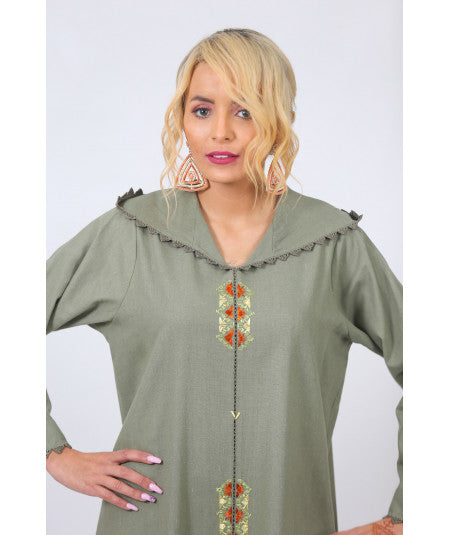 Djellaba in green linen with randa - Biyadina Store