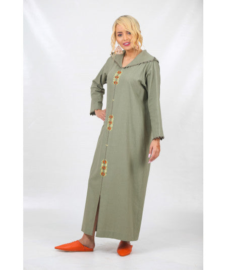 Djellaba in green linen with randa - Biyadina Store