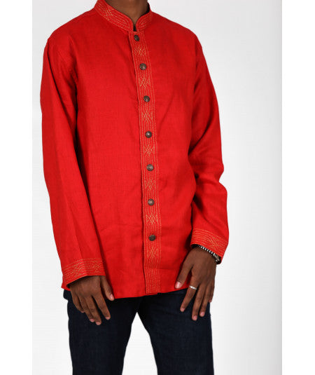 Red shirt embroidered in gold thread and metal buttons - Biyadina Store