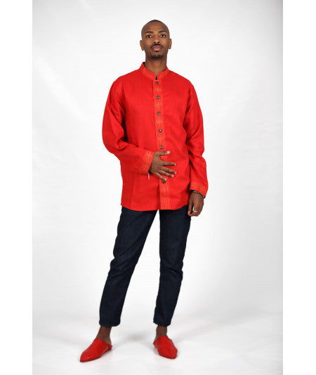 Red shirt embroidered in gold thread and metal buttons - Biyadina Store